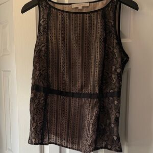 LOFT Black and Cream Striped Lace Blouse